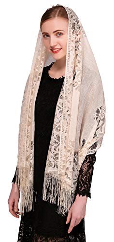 PAMOR Chapel Veil Scarf Mantilla Veils Rectangular Wrap Shawl Mass Head Covering with Fringe Trim (Champagne)