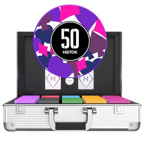 HEITOK Poker Set 1000 Chips with Denominations, 11.5g Weighted Numbered Casino Chips Set, 2 Decks with Compact Aluminum Case for Texas Hold'em, Blackjack