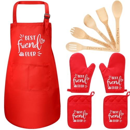 10 Pcs Birthday Friendship Gifts for Women Friend Kitchen Utensils Set Cooking Bamboo Spoons with Apron Oven Mitts and Potholders, Friendship Best Friend Ever Gifts Ideas for BFF Besties Sister