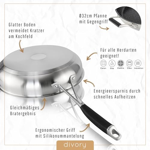 Edelstahlpfanne 32 cm von DIVORY mit Antihaftbeschichtung für Induktion