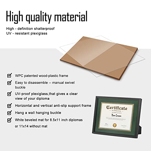 Yesssopin Black 11X14 Certificates Frame, Displays 8.5X11 Diploma Frames With Mat Or 11X14Inch Without Mat, For Document, Graduation, College, Degree Holder, Photo(Double Mat, Green With Gold Rim) #TOP7