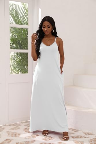 Image of Women's Maxi Dresses V-Neck Adjustable Spaghetti Strap Sleeveless Dress Plus Size with Pockets