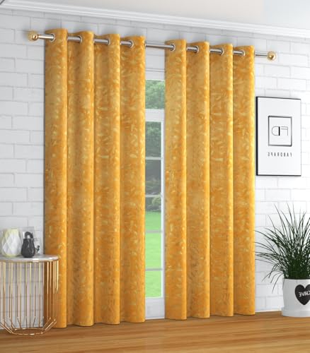 FABREEVA Heavy Velvet Fabric Luxury Attractive Looks Room Darkening Floral Foil Designer Curtains 12 Feet for Extra Long Door, Gold, Pack of 4 Pieces Deal