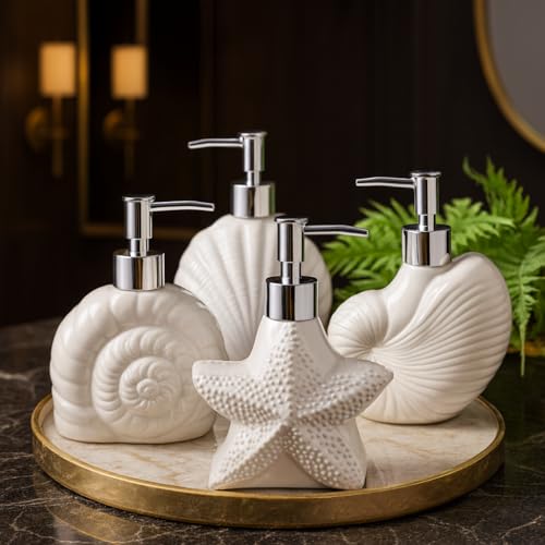 Image of Whizzo Ceramic Shell Shaped Liquid Soap Dispenser with Chrome Pump | Elegant Bathroom & Kitchen Accessory | White Glossy Finish | Refillable Handwash Lotion Bottle (420ML, LD-212, Design4)