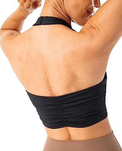 Lavento Women's Halter Sports Bra Longline Padded Yoga Crop Bras Top (Black - Pleated Back, 4) #TOP5