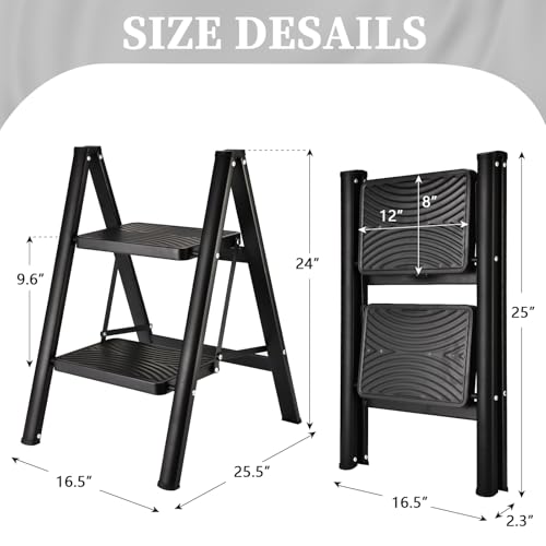 HBTower Trittleiter 2 Stufen Klappbar, Leichtes und Kompaktes Klapptritt mit Rutschfesten Stufen, Robuster Stahlrahmen, 150 kg Tragkraft, Tragbar für Haushalt und Küche
