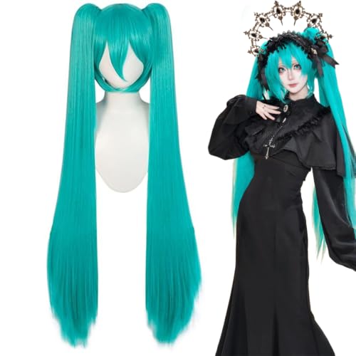 maysuwell Green Cosplay Wig for Women with Two Detachable Ponytail 47 Inch / 120cm Long Hair Long Straight Synthetic with Bangs for Halloween Costume Party Anime (Green)