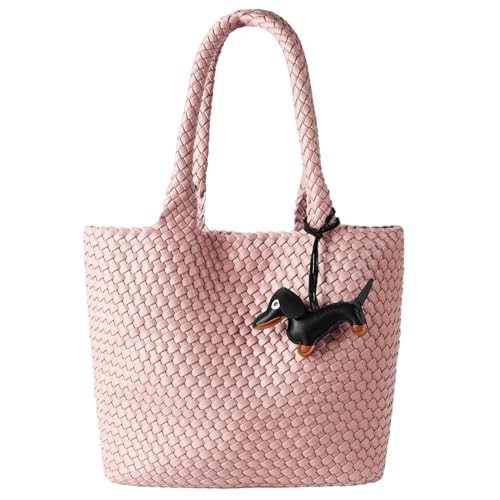 Wiwsi Woven Summer Beach Tote Bag Handbags Womens Purse - Vegan Leather Shoulder Bags Large Travel Totes(Pink)