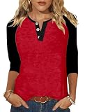 Halife 3/4 Length Sleeve Womens Tops Baseball Shirts V Neck Raglan Sleeve Spring Tops Casual Basic Top Tee Blouses Black Red L