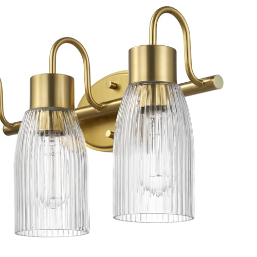Image of Globe Electric 5-Piece All-in-One Matte Brass Bathroom Accessory Set with 19 inch 3-Light Vanity Light and Ribbed Glass Shades