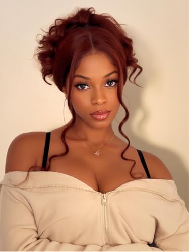 Image of Beauty Forever Reddish Brown Lace Front Wig Human Hair 7x5 Body Wave Bye Bye Slip Glueless Wigs with Elastic Drawstring,Pre Plucked,Bleached Knots,Natural Hairline,150% Density 24inch