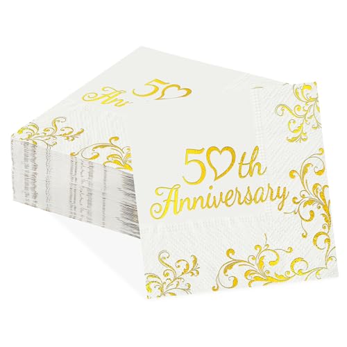 100 Pcs 50th Anniversary Dinner Napkins 6.5 x 6.5 inch 3 Ply Gold Foil 50th Wedding Anniversary Paper Napkins Disposable Absorbent White Gold Dinner Napkin for Men Women Wedding Party Decorations