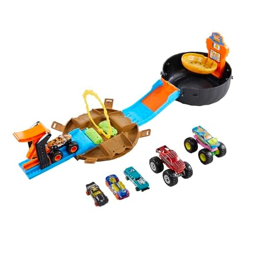 Hot Wheels Monster Trucks Stunt Reifen Spielset, enthält 3 Monster Trucks und 3 Fahrzeuge im Maßstab 1:64, Geschenk für Kinder im Alter von 4 bis 8 Jahren, HHY74