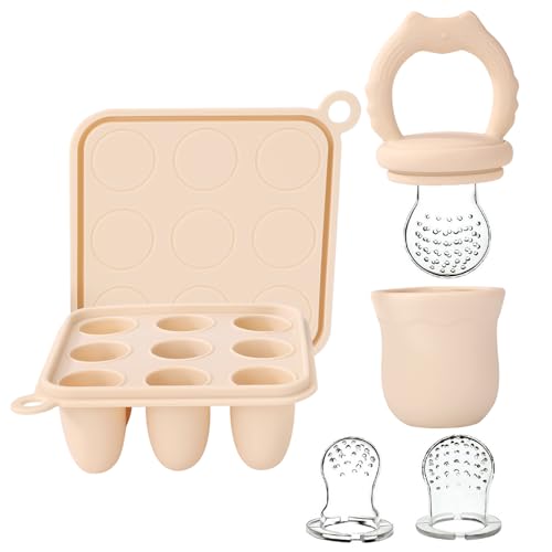 Image of Socub Silicone Baby Fruit Food Feeder & Baby Food Freezer Tray Set, milk Popsicle Molds for Baby Teething Relief, Baby Food Pacifier Feeder for Self Feeding, Include 3 Sizes Food Pouch(Sand)
