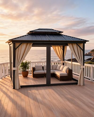 KYBOLT 10x12 Ft Hardtop Gazebos with Heavy Duty Double Roof, Nettings and Curtains Galvanized Steel Outdoor Gazebos for Patio, Backyard, Deck, Lawn