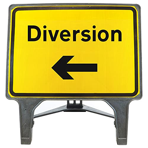 Diversion Left 1050x750mm Road Sign 2702 - Plastic Temporary Road Street Traffic Safety Sign for Road and Street Works - Freestanding with Reflective Sign Face