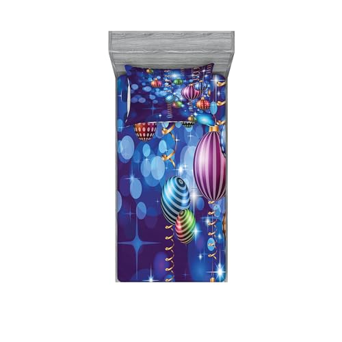 Ambesonne Christmas Fitted Sheet & Pillow Sham Set, Happy New Year Party Celebrations Swirling Ornaments and Balls Print, Decorative Printed 2 Piece Bedding Decor Set, Twinxl, Purple Navy
