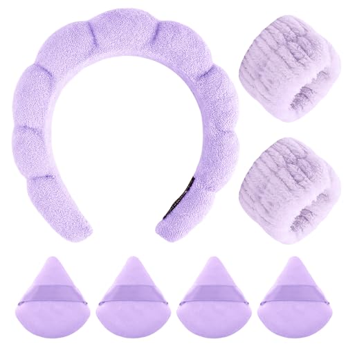 Aprince Spa Headband and Wristband Set 7PCS Spa Headband Face Washing Wristbands and Powder Puff Purple Makeup Headband Wrist Bands for Washing Face Skincare Headbands Sponge Headband