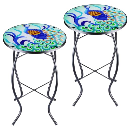 Arbuxzuy 12" Outdoor Side Table Glass Mosaic Round Patio Table for Balcony