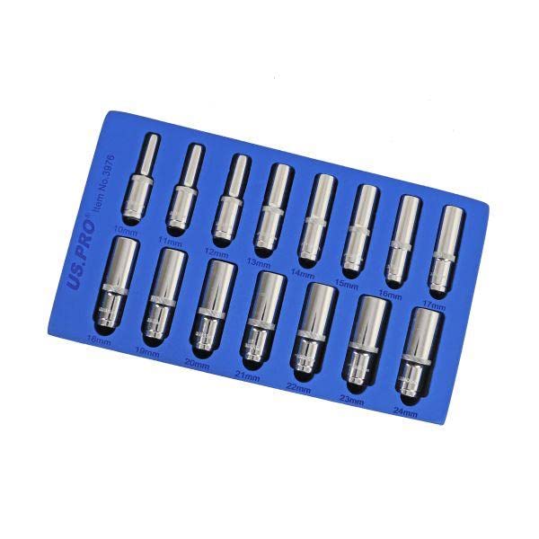 US PRO Tools 15PC 1/2" DR 6pt Deep Sockets 10-24mm in EVA Foam Tray 3976