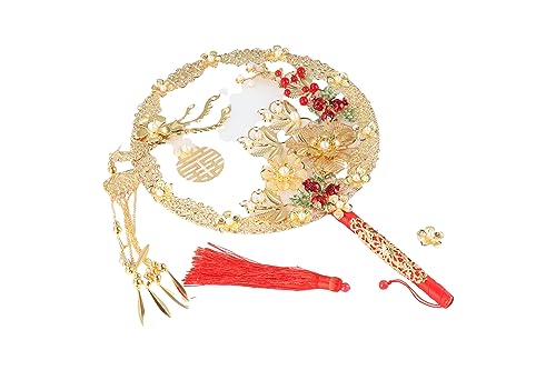 Kopida Abanico chino vintage redondo de aleación con forma de fénix, flor dorada con borla, grupo de novias de boda