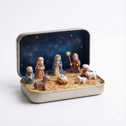 Adouiry Mini Christmas Nativity Set in a Tin Box - Tiny Pocket Nativity Scene Figurines Gifts - Christmas Decorations