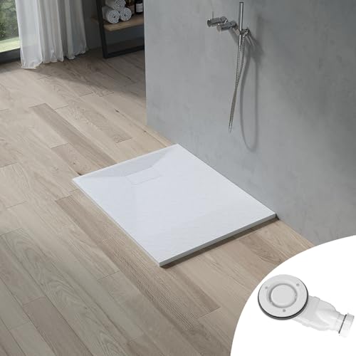 AQUABATOS SMC Duschwanne 100x80 cm Weiß Eckig Quadratisch Duschtasse Duschbecken Brausewanne Brausetasse Rutschfest Bodengleich Ebenerdig Steinoptik Schieferoptik mit Siphon/Ablaufgarnitur