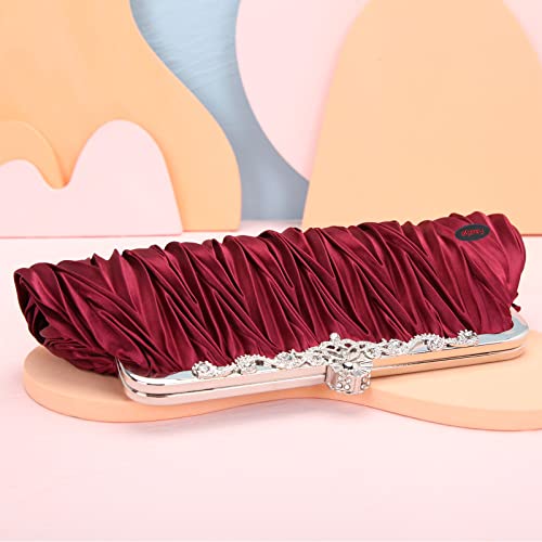 Fawziya Satin Pleated Clutch Crystal Evening Bags For Women Formal-Wine Red #TOP3