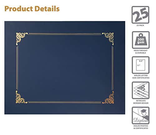 25 Pack Navy Blue Certificate Holders, Diploma Holders, Document Covers With Gold Foil Border, By Better Office Products, For Letter Size Paper, 25 Count, Blue #TOP2