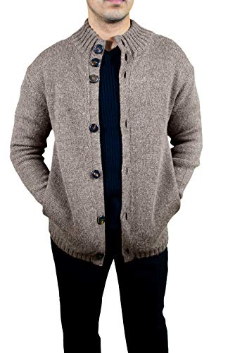 Cashmere Boutique 100% Pure Baby Alpaca Men's Cardigan Sweaters - Slim Fit, Long Sleeve, and 2 Side Pockets - Melange Brown3