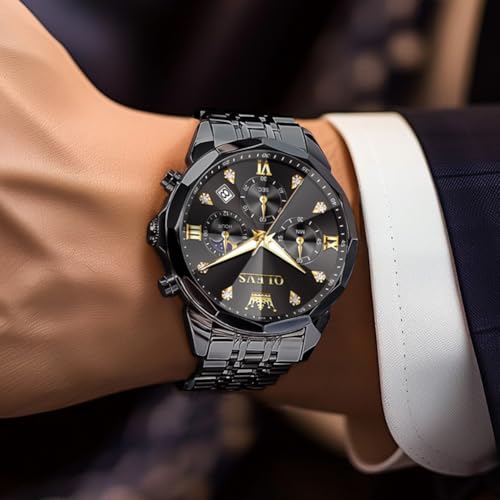 OLEVS Watch for Men Luxury Gold Diamond Chronograph Business Wristwatch with Analog Quartz, Date Calendar, Stainless Steel Band, Luminous Hands, Waterproof