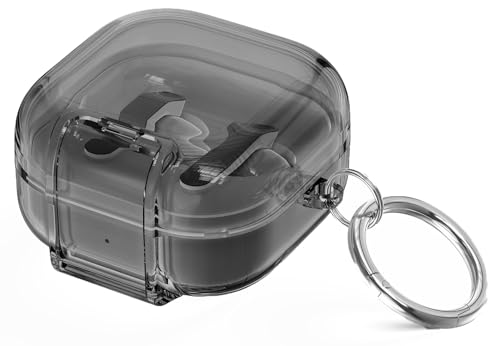 Image of Hybrid Transparent Case for Samsung Galaxy Buds 4 and 4 Pro with Metal Keyring, Built-in Phone Stand, Locking-Switch Cover (Transparent Black, Clear Lock with Stand)