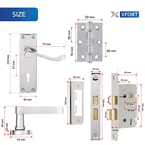 XFORT Chrome Elegance Range Polished Chrome Victorian Lever Lock Pack, Complete Set with Lock Door Handles, 65mm Sashlock and 75mm Ball Bearing Hinges, for Internal Wooden Doors - Image 5