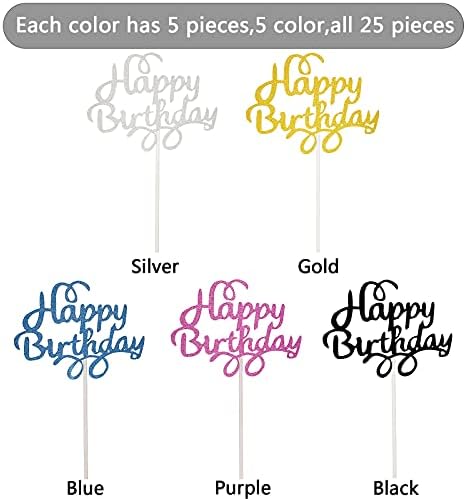 25 Pieces Happy Birthday Glitter, Cake Topper Picks for Birthday Party Supplies, 5 Colors