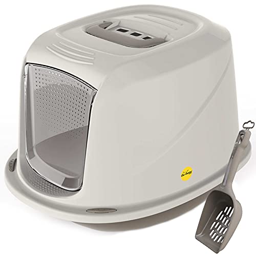 CAT CENTRE Jumbo Grey Hooded Cat Litter Tray +Waste Scoop Set Carbon Filter Kitten Large Toilet Pet Box Loo Pan Starter Pack Portable Swing Flap Door Carry Handle Galaxy Rounded Corners Easy Cleaning