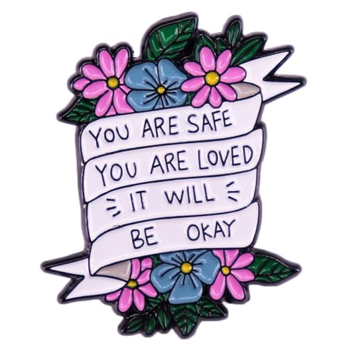 Image of yangwenyuanInspirational Quotes Enamel Pin You Are Safe You Are Loved It Will Be OK Floral Ribbon Brooch Positive Enamel Pins Inspirational Letter Brooch Pins Positive Saying Enamel Pin for Men Women
