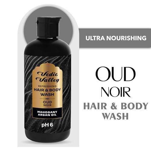 Image of VEDIC VALLEY Oud Noir Hair & Body Wash with Mahogany and Argan Oil | Paraben Free Body Wash for Men & Women Helps Reduce Hair Fall & Supports Healthy Growh | Brightens Skin, Nourishes & Moisturizes Formula | 300 ml