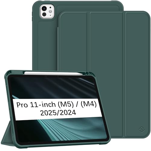 Image of Fintie SlimShell Case for iPad Pro 11-inch (M5) 2025 / (M4) 2024 - [Built-in Pencil Holder] Soft Flexible TPU Protective Stand Back Cover, Midnight Green