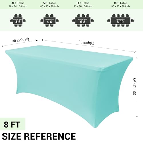 Obstal 6 Pack Stretch Spandex Table Covers for 8 Foot Tables - 8 FT Rectangular Fitted Tablecloth Protector for Wedding, Banquet, Party (Turquoise Blue, 96'' Length x 30'' Width x 30'' Height) by Obstal - Used condition - Image 4