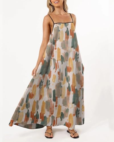 Image of Senllen Women's Linen Dress Summer Loose Flowy Sundress Contrast Spaghetti Strap Sleeveless Backless Beach Maxi Long Dresses