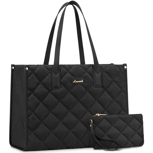 LOVEVOOK Laptop Bag for Women, Lightweight Puffer Tote Bag fits 17.3 inch Computer, Large Quilted Puffy Work Purse, Professional Business Office Briefcase Handbag, Black