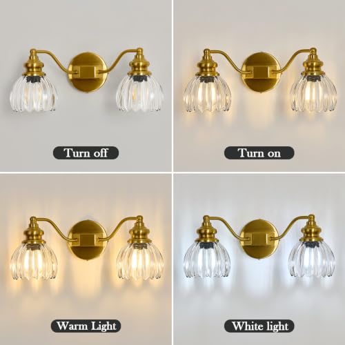 Image of Piepooye Vintage Bathroom Lights Fixtures 2 Lights Gold Vanity Light with Glass LampShade E26 Bulb Indoor Vanity Light Over Mirror for Bedroom Living Room Farmhouse Kitchen