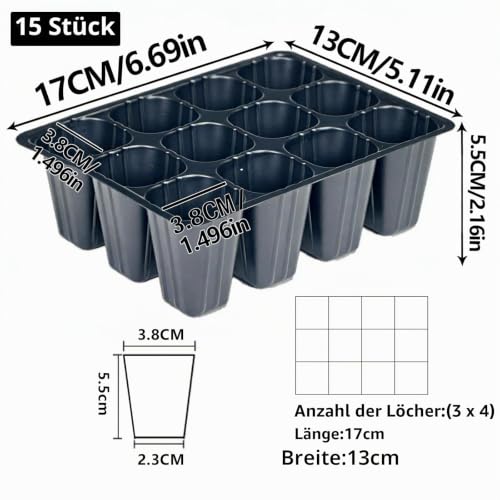 DYVXCIP Anzuchtschale,15 Stück 180 Zellen Anzuchtset,Wiederverwendbar,Mini Propagator,Mini Gewächshaus Anzucht, Schwarze Kunststoff-Setzlings-Tabletts mit Drainagelöchern,Für Setzlingpflanzen