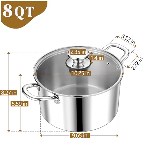 P&P CHEF 8 Quart Stock Cooking Pot, 8QT Tri-Ply Stainless Steel Large Stockpot with Lid for Induction Gas Electric Stoves, Visible Cover & Double Riveted Handles, Heavy Duty & Dishwasher Safe by P&P CHEF - Image 2