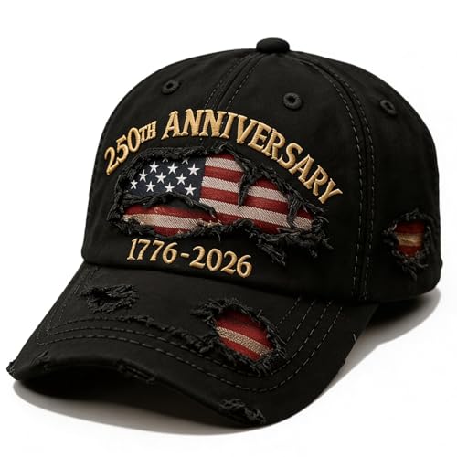 250 Anniversary USA Hat 1776-2026 Flag Vintage Washed Hat Distressed Denim Embroidered Baseball Cap for Men Women (Black)