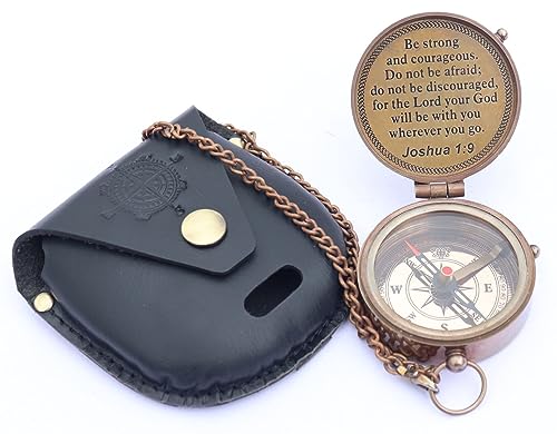 MADSNIIB Brass Engraved Nautical Compass with Leather Case, Antique Gift for Birthday, Wedding, Anniversary, Christmas, Valentine, Portable Compass for Hiking (Be Strong Engraved Brass Compass)