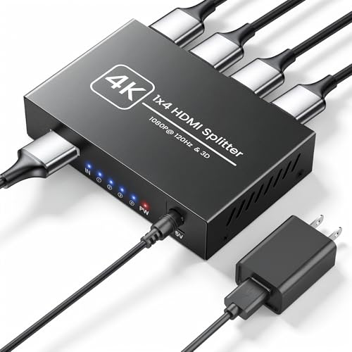 4K HDMI Splitter 1 in 4 Out, Supports 1080P@120Hz, Up to 100ft Long Distance Transmission, Powered 1x4 HDMI Splitter with 5V DC Power Adapter, Duplicate & Mirror Display for Multiple TVs and Monitors
