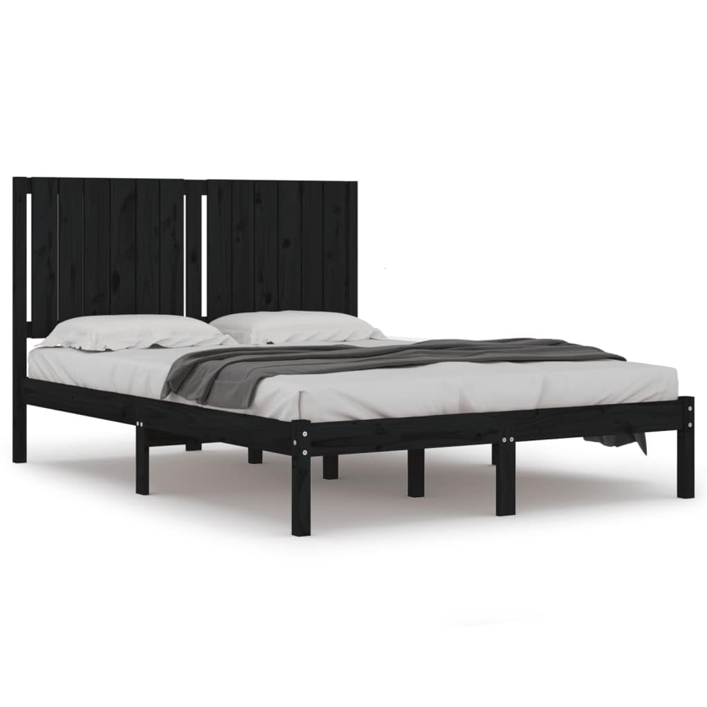lite drewno sosnowe z zagłówkiem klasyczna 140x190 cm czarny | Rama łóżka sosnowa 140x190 cm czarna lite drewno klasyczny zagłówek stabilna