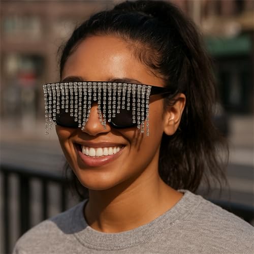 willochra Flat Top tassel Sunglasses Rhinestone Sun Glasses Diamond Party Eyeglasses Shades for Women UV4004