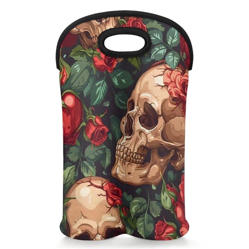 GzLeyigou 2 Bottles Skull with Rose Wine Bag Sleeve Totes Neoprene Protective Wine Carrier Bag for Wine,Water, Champagne, Beer, Baby Bottles,Gift 14.5 x 10 Inches
